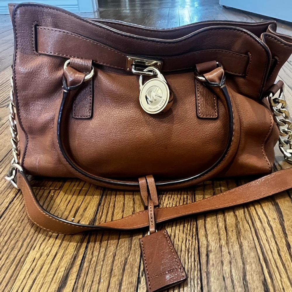 Michael Kors Cognac Leather Satchel with Gold-Tone MK Charm